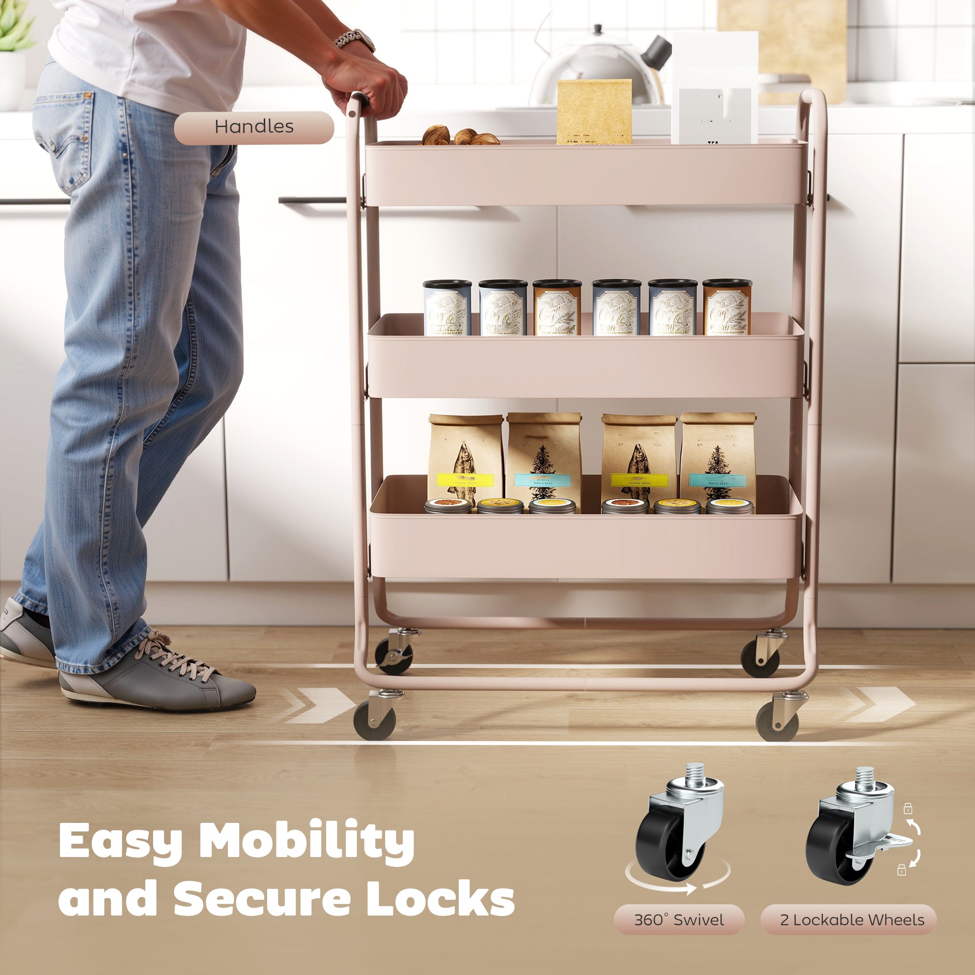 HOMCOM 3-Tier Storage Trolley on Wheels, Rolling Utility Cart with Mesh Backets for Kitchen, Bathroom, Bedroom, Light Pink 