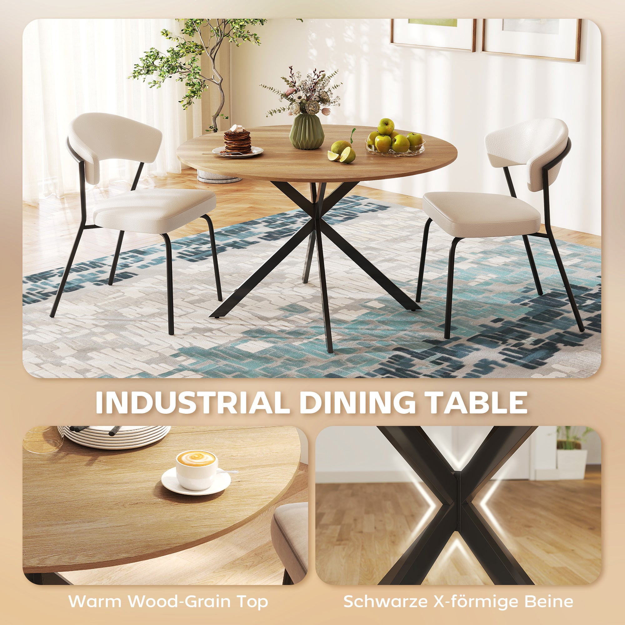 HOMCOM Dining Table for 4, 120 cm Industrial Kitchen Table with Wood Effect Tabletop and Steel Legs, Oak 