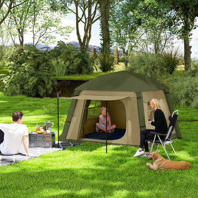Outsunny Inflatable Camping Tent w/ Hand Pump, Easy Setup 1/2 Person Blow Up Tent Waterproof 190T Taffeta w/ Mesh Windows, Doors and Carry Bag, Brown 
