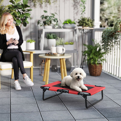 PawHut Portable Raised Dog Bed, Elevated Pet Cot with Breathable Mesh for Indoor Outdoor, for Small Medium Dogs, Red 