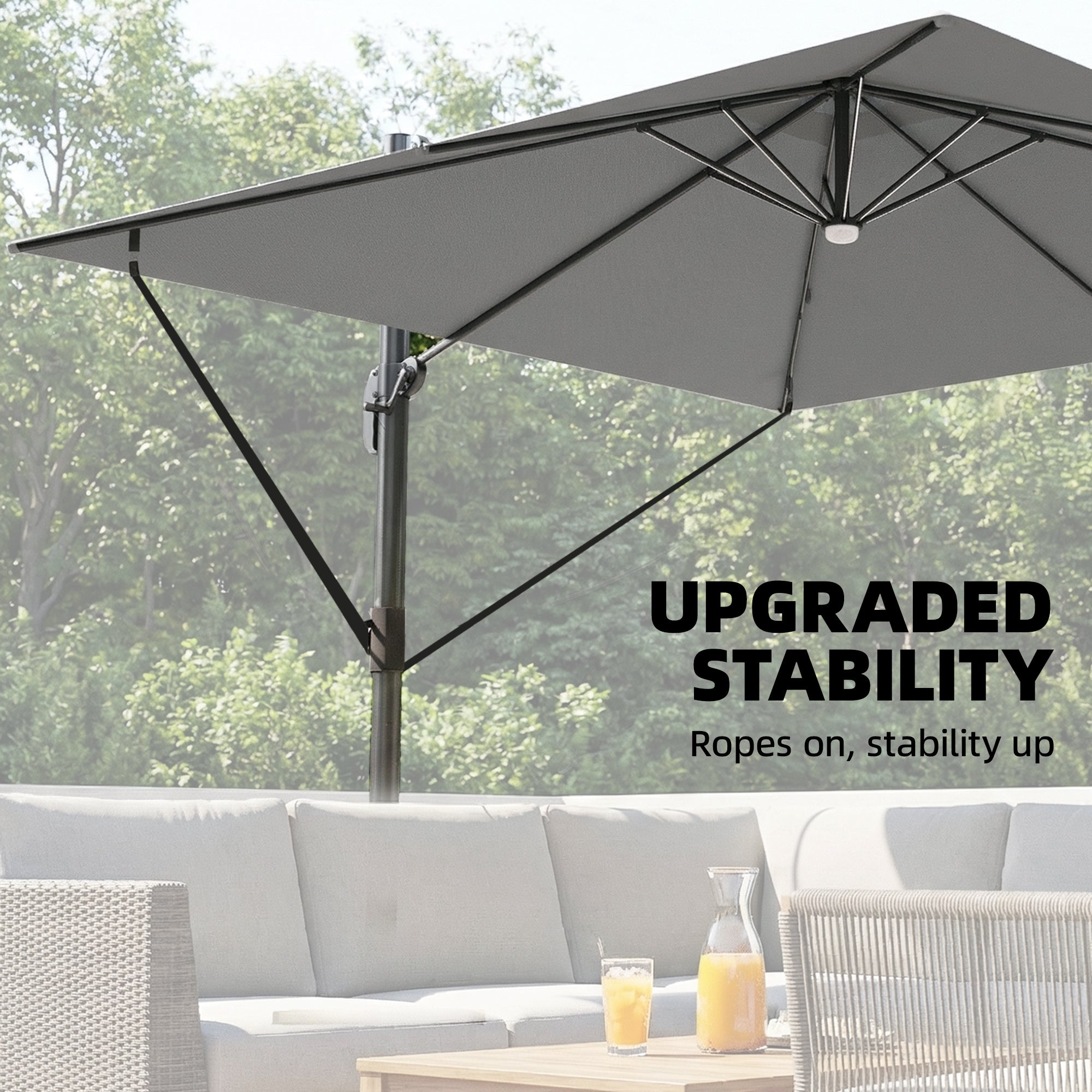 Outsunny 3 x 3 m Garden Cantilever Parasol with Light, Cover, Overhanging Umbrella w/ Wind Protection, 360° Rotation, Light Grey 