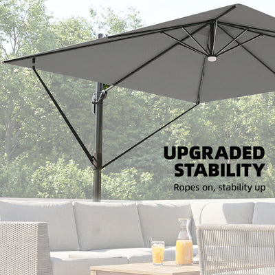 Outsunny 3 x 3 m Garden Cantilever Parasol with Light, Cover, Overhanging Umbrella w/ Wind Protection, 360° Rotation, Light Grey 