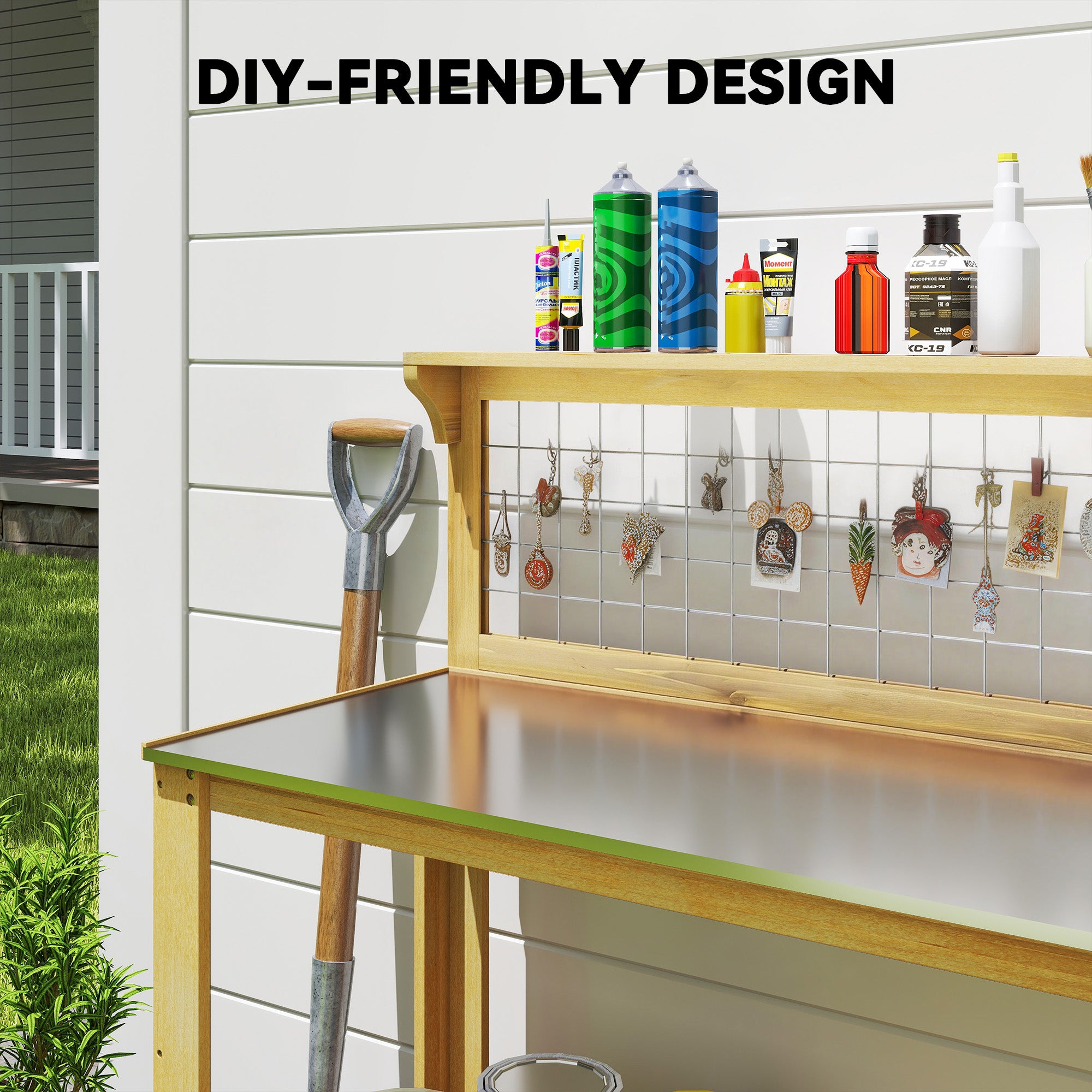 Outsunny Wooden Potting Bench Table with Aluminium Worktop, Outdoor Garden Workbench with 2 Shelves 