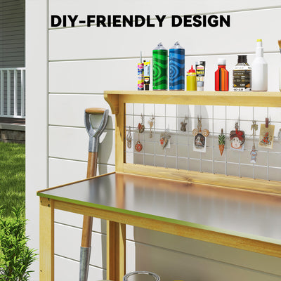 Outsunny Wooden Potting Bench Table with Aluminium Worktop, Outdoor Garden Workbench with 2 Shelves 