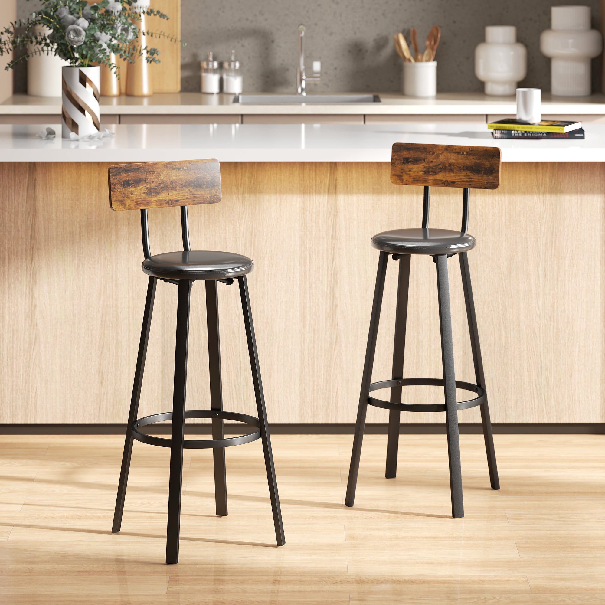 HOMCOM Set of Two Industrial-Style Bar Stools - Brown/Black 