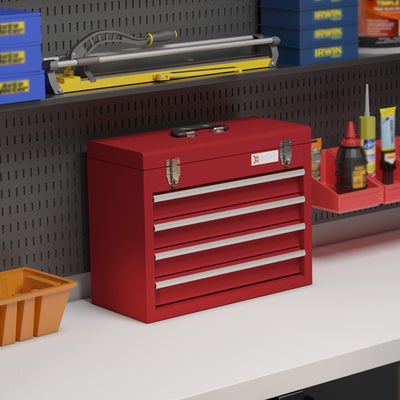 DURHAND Lockable Metal Tool Box, 4 Drawer Tool Chest with Latches, Handle, Ball Bearing Runners, Red 