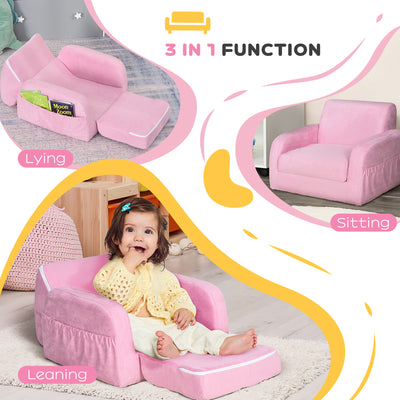 HOMCOM 2-in-1 Kids Armchair, Toddler Sofa Bed, with Wood Frame, for Bedroom, Playroom - Pink 