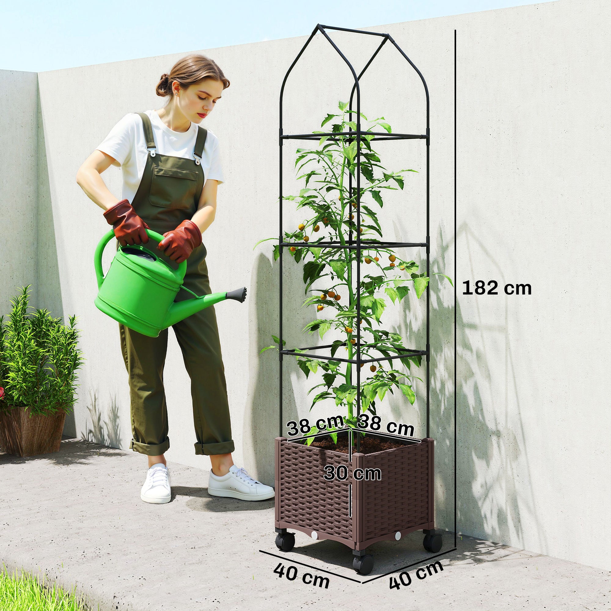 Outsunny Raised Garden Bed with Trellis, Tomato Cage with Lockable Wheels, Self Watering Planter Box with Drainage Holes, Brown 