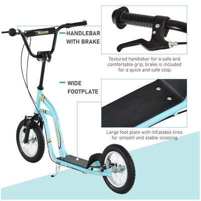 HOMCOM Teen Kids Stunt Scooter w/ Adjustable Handlebar, 12 Inch Rubber Tyres, Dual Brakes, Blue 