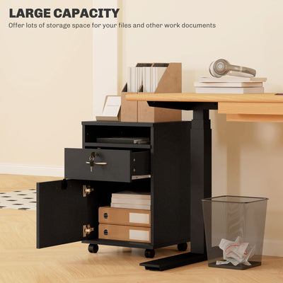 HOMCOM 60cm Filing Cabinet with Drawer, Open Shelf, Metal Handles and 4 Wheels, Office Home Organiser Mobile Printer with Two Locks, Black 