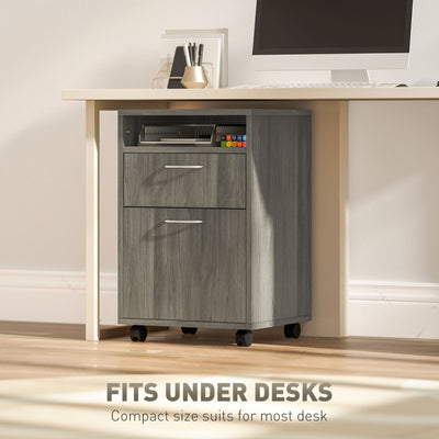 HOMCOM 60cm Filing Cabinet with Drawer, Open Shelf, Metal Handles and 4 Wheels, Office Home Organiser Mobile Printer, Grey 