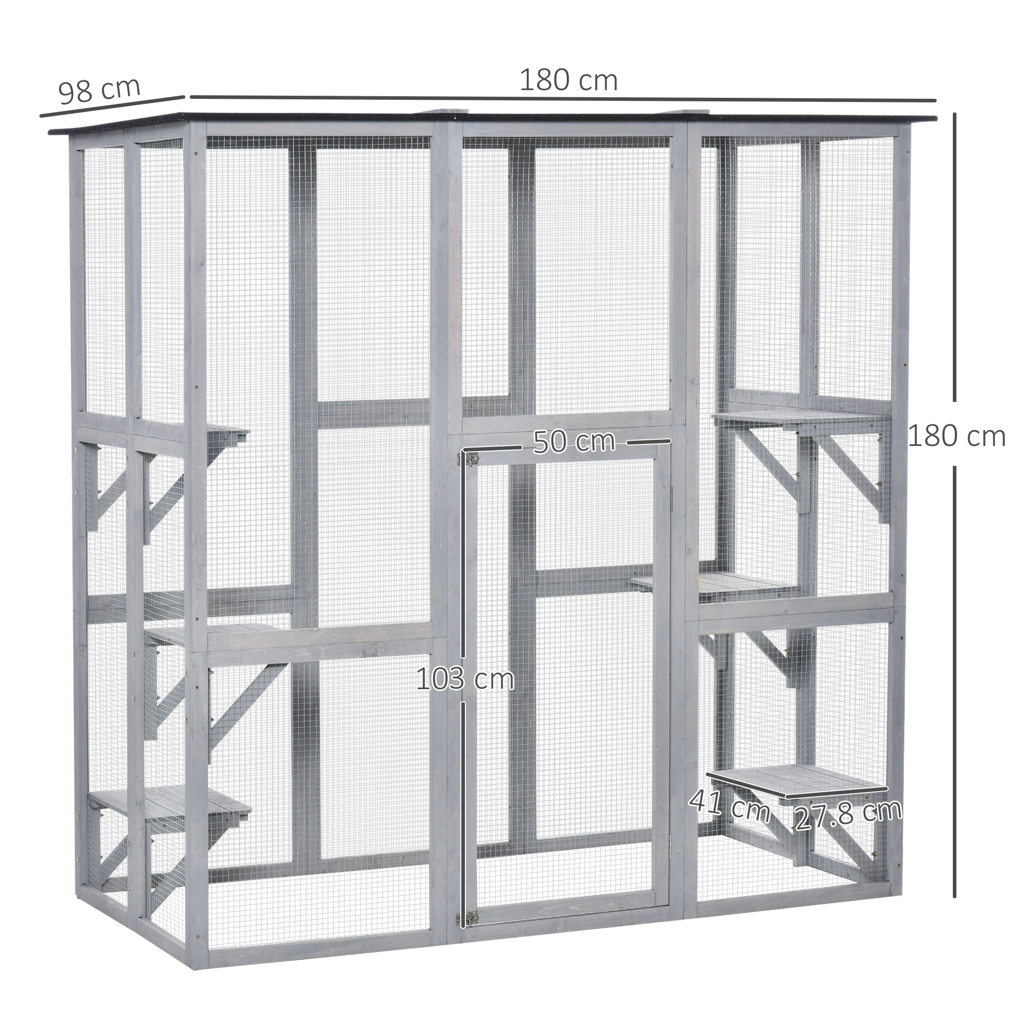 PawHut Wooden Catio Cat Outdoor Enclosure, Cat Cage with Waterproof Roof, Platforms, for Multiple Kittens, 180 x 98 x 180 cm 