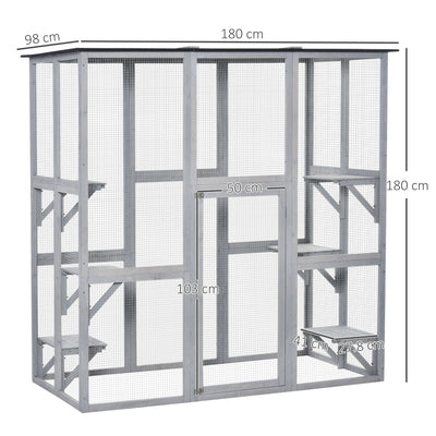 PawHut Wooden Catio Cat Outdoor Enclosure, Cat Cage with Waterproof Roof, Platforms, for Multiple Kittens, 180 x 98 x 180 cm 