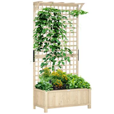 Outsunny Raised Bed with Drainage Holes, Wood Planter with Trellis for Climbing Plants to Grow Vegetables, Flowers, Natural 