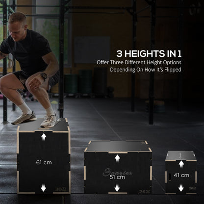 SPORTNOW Multi-Faceted Jump Box, Wooden Step Up Box, for Home, Gym, Exercise, 41/51/61cm - Black 