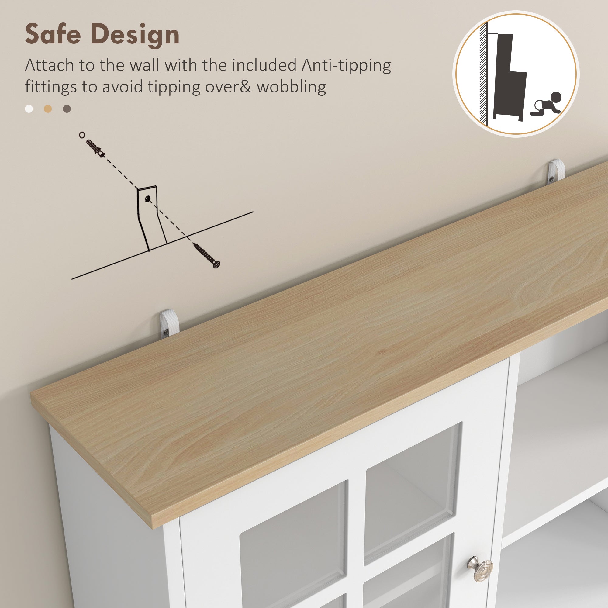 HOMCOM Freestanding Kitchen Cupboard, Storage Cabinet with Doors and Adjustable Shelves, Counter Top, Grid Glass Doors, 80L x 37W x 183H cm - White 