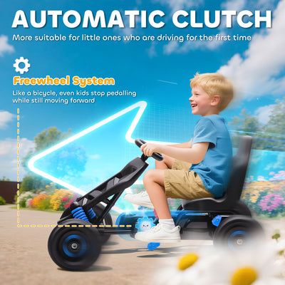 AIYAPLAY Pedal Go Kart for Kids Aged 3-6 Years, with Freewheel System, Brake, EVA Anti-Slip Wheels, Blue 