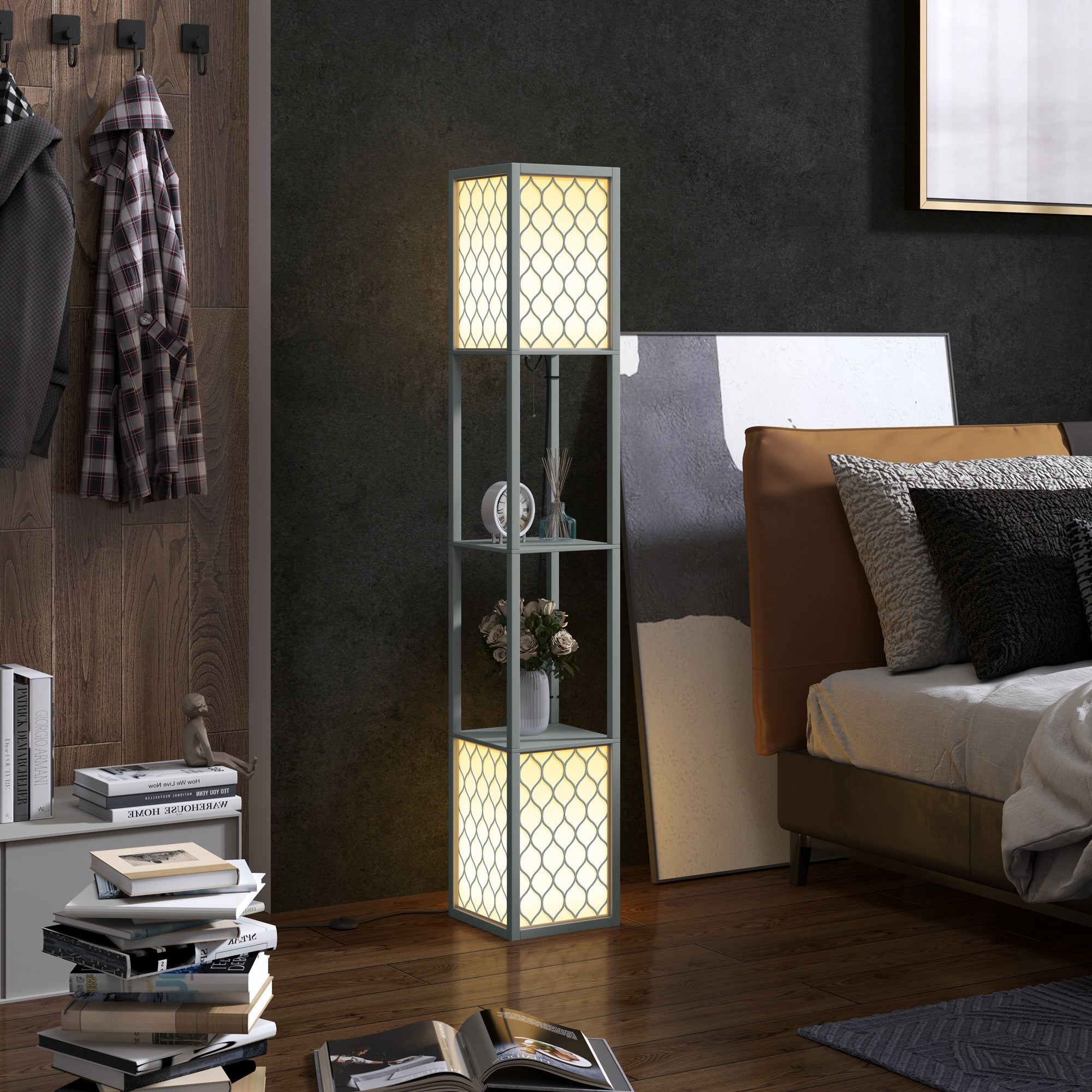 HOMCOM Floor Lamp with Shelves, Dual Light, Modern Tall Standing Lamps, with Pull Chain Switch (Bulb not Included), Light Grey 