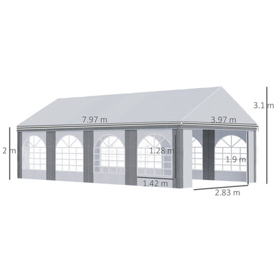 Outsunny 8 x 4m Galvanised Party Tent, Marquee Gazebo with Sides, Eight Windows and Double Doors, for Parties, Wedding and Events 