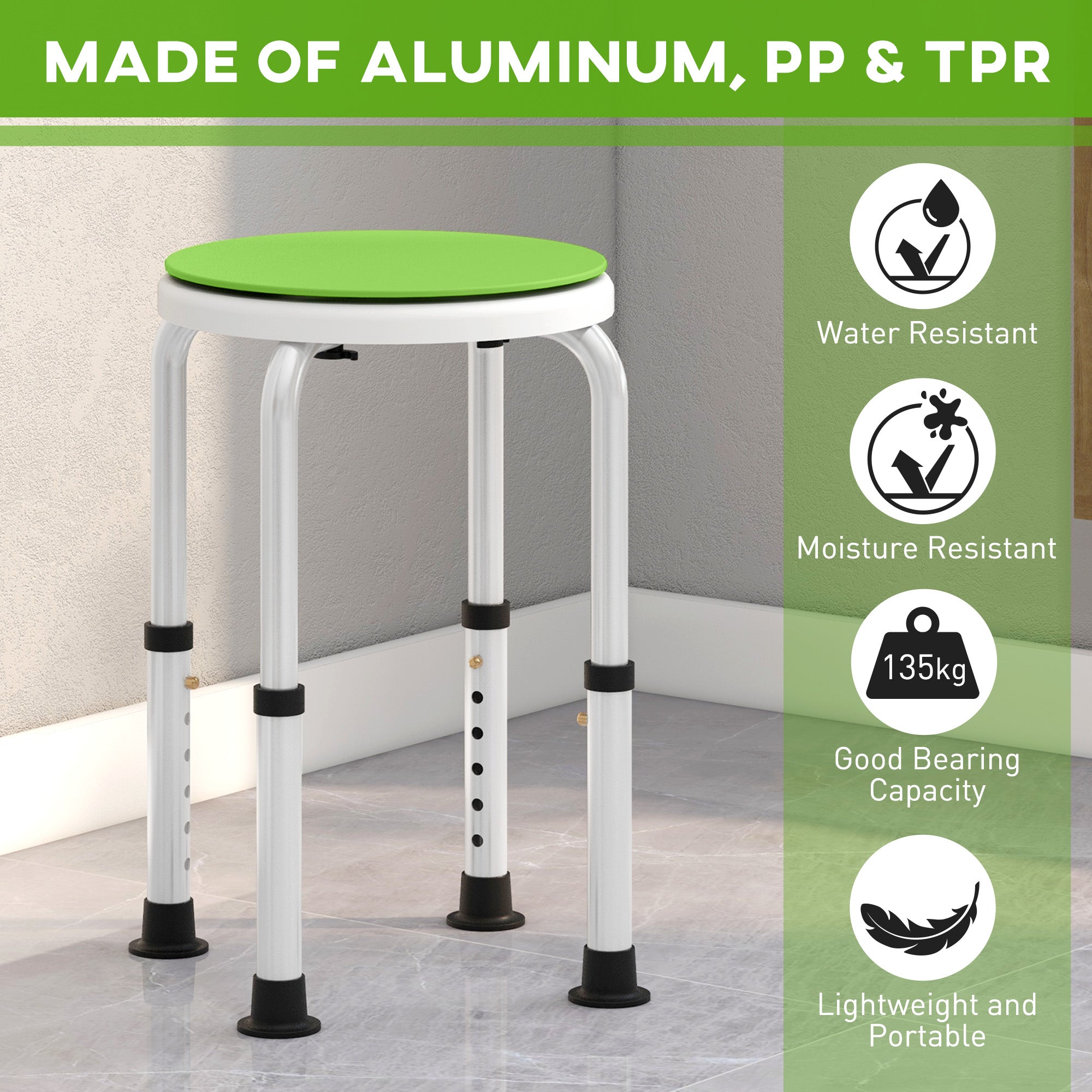 HOMCOM 360\'c2\'b0 Swivel Shower Chair, Height Adjustable Aluminium Shower Stool with Non-Slip Feet for Disabled, Elderly, Green