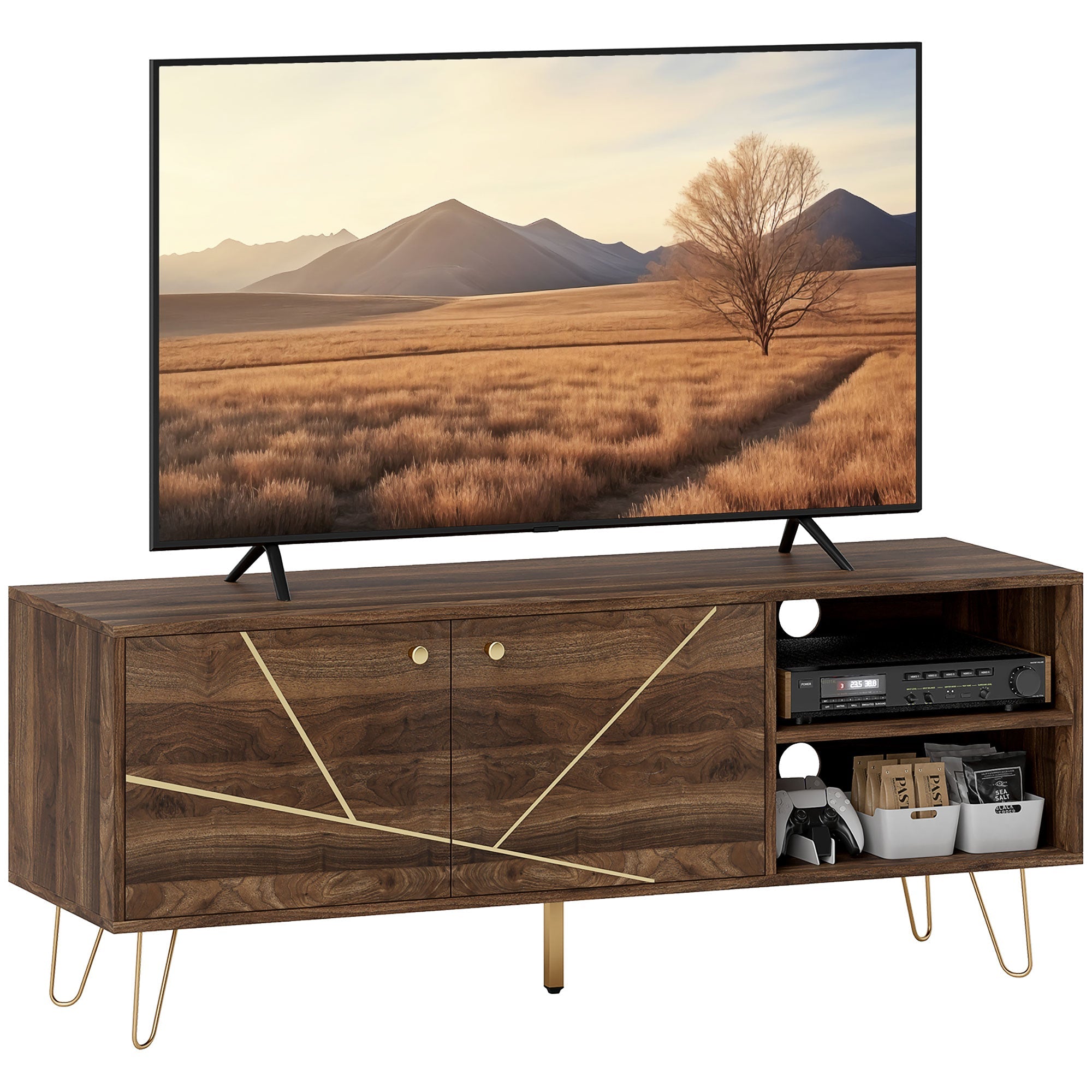 HOMCOM TV Stand Cabinet for up to 60 Inch TV, Modern 130cm TV Unit with Adjustable Shelves and Hairpin Legs, Double Door TV Cabinet for Living Room, Bedroom, Brown 