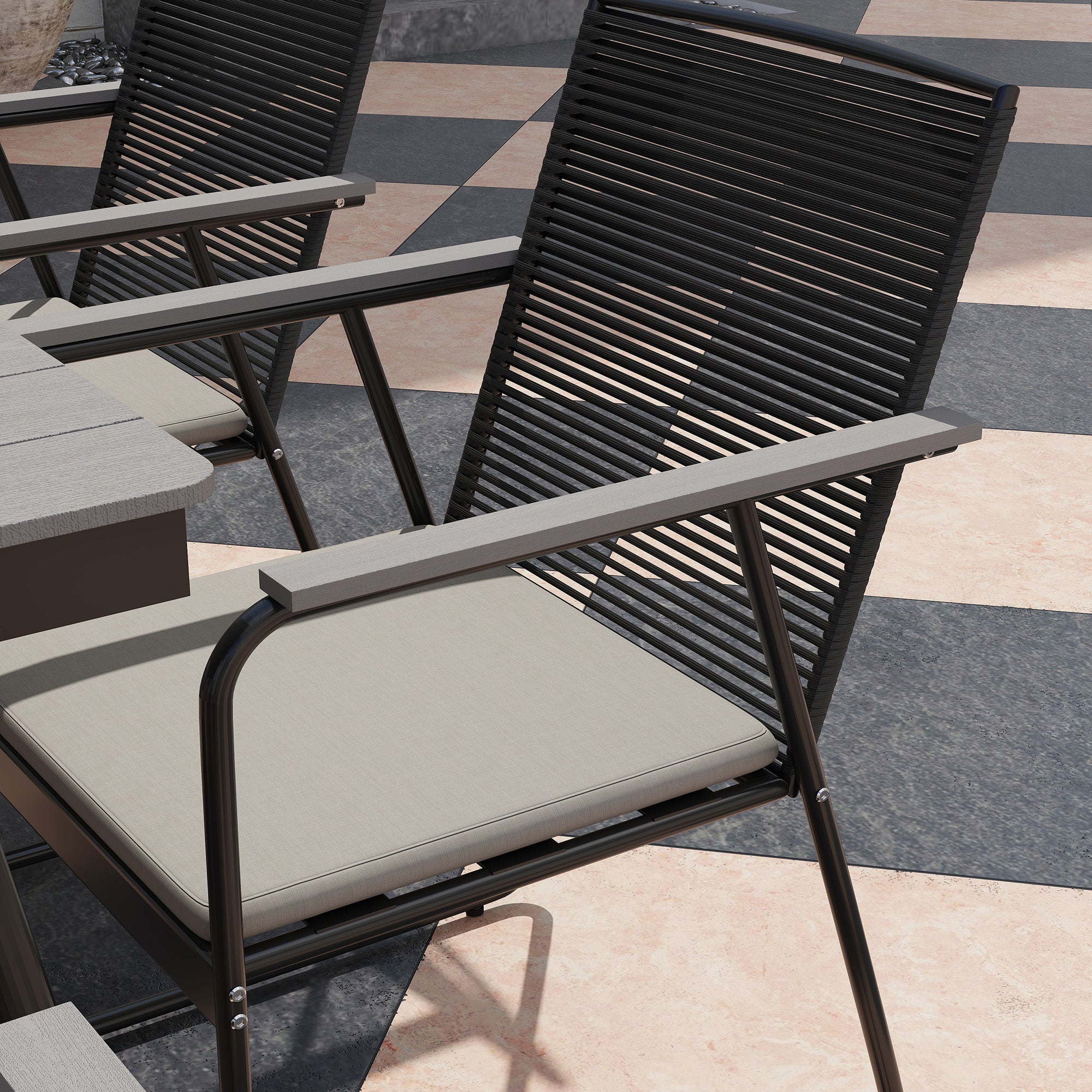 Outsunny 6 Seater Garden Dining Set with Soft Cushions, Rattan Backrest, Rectangular Plastic Top, Garden Furniture Set, Outdoor Dining Table and Chairs for Patio, Balcony, Poolside, Grey 