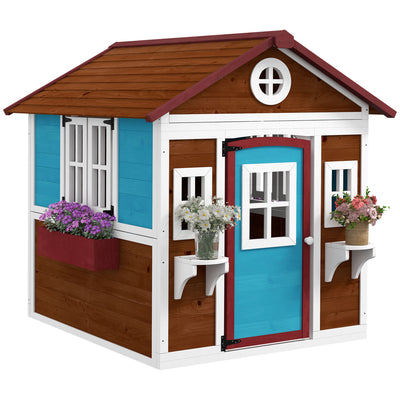 Outsunny Wooden Playhouse with Doors, Windows, Plant Pots, Boxes, for 3-8 Years - Dark Brown 