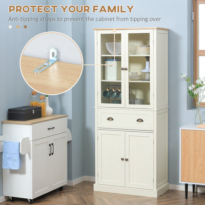 HOMCOM Freestanding Kitchen Cupboard, 5-tier Storage Cabinet with Adjustable Shelves and Drawer for Living Room, Dining Room, Cream White 