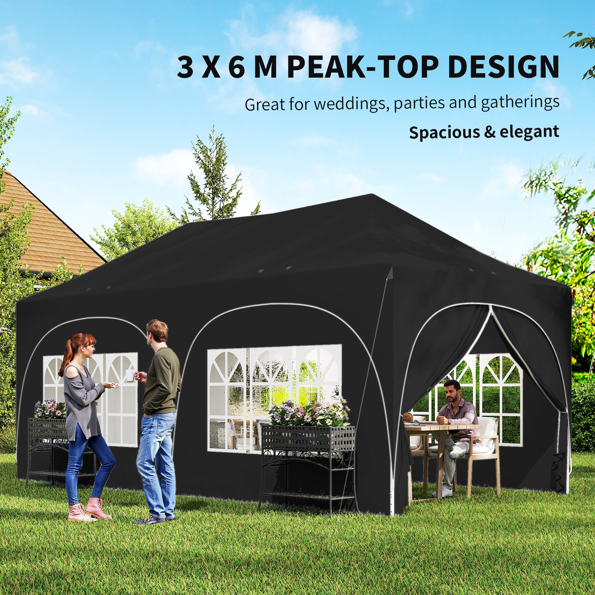 Outsunny 3 x 6m Pop Up Gazebo Shelter with Sides, 6 Sandbags, Peak Top Garden Party Tent Marquee with Carry Bag, Black 