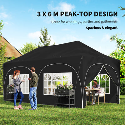 Outsunny 3 x 6m Pop Up Gazebo Shelter with Sides, 6 Sandbags, Peak Top Garden Party Tent Marquee with Carry Bag, Black 