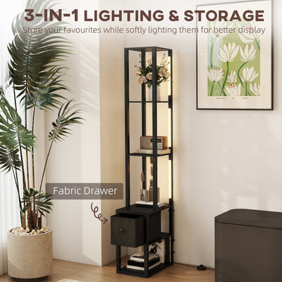 HOMCOM Floor Lamp with Shelves, LED Column Modern Standing Lamp with Fabric Drawer, Adjustable Brightness, Foot Switch for Living Room, Bedroom, Office, Black 