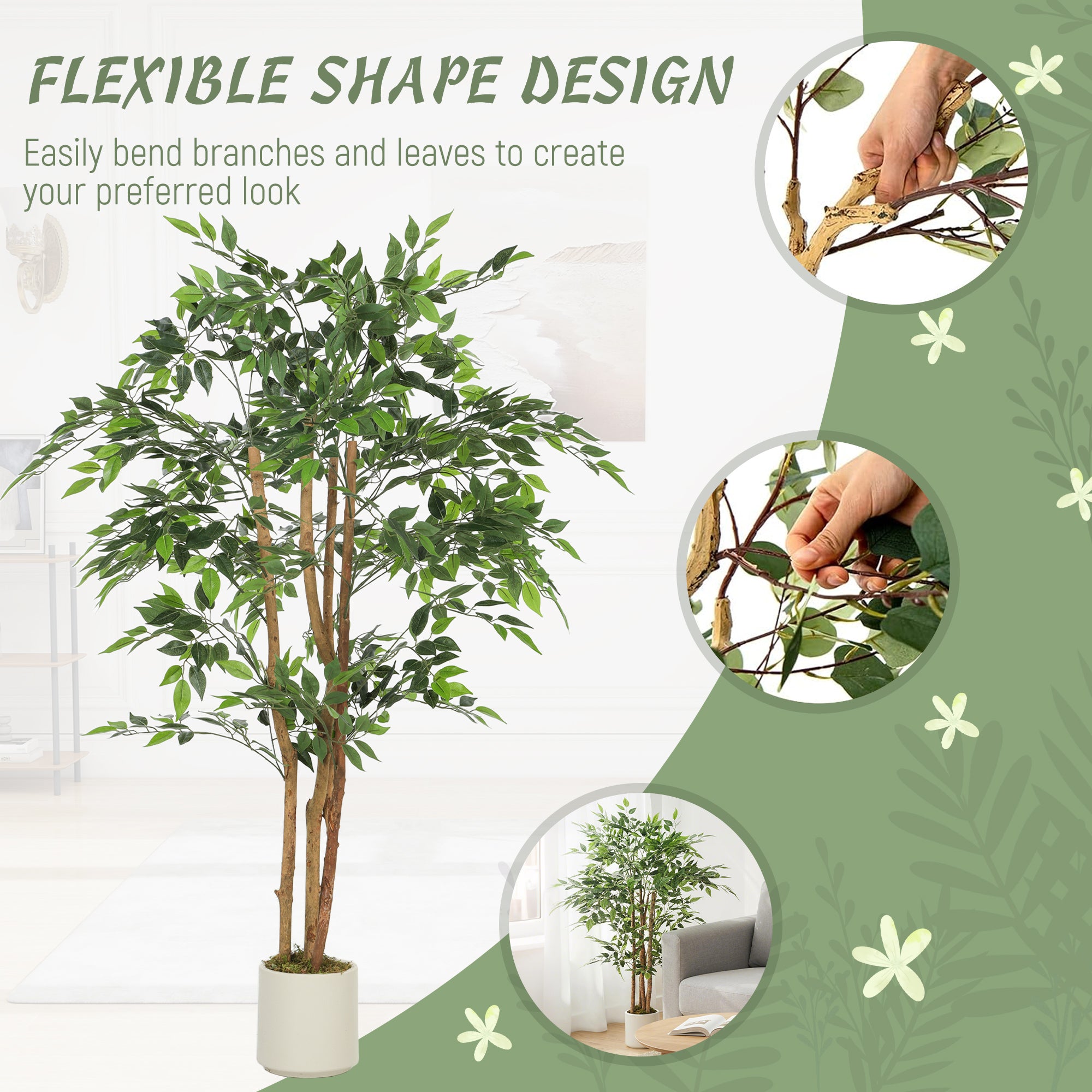 HOMCOM 150cm Artificial Ficus Tree, Fake Potted Tree with Solid Wood Trunk and Pot for Indoor, Green 