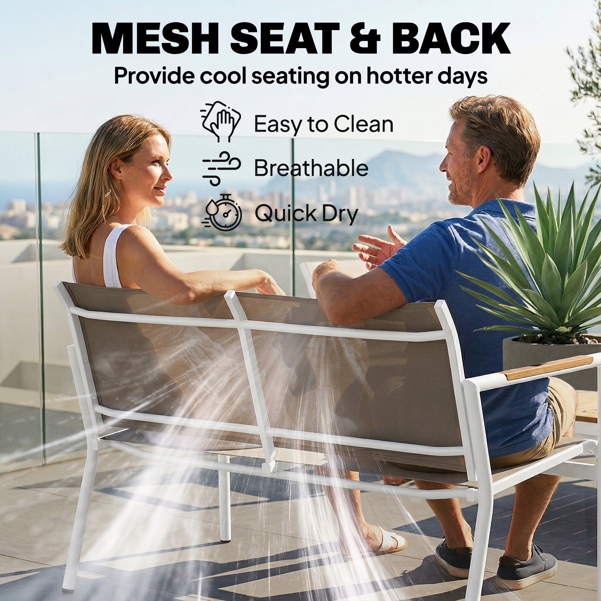 Outsunny 4 Seater Garden Furniture Set with Loveseat, Armchairs, Table, Metal Garden Sofa Set with Breathable Seats, Khaki 