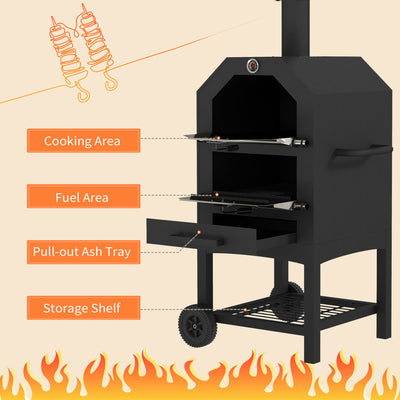 Outsunny Steel 3-Tier Outdoor Pizza Oven Charcoal BBQ Grill, Black 