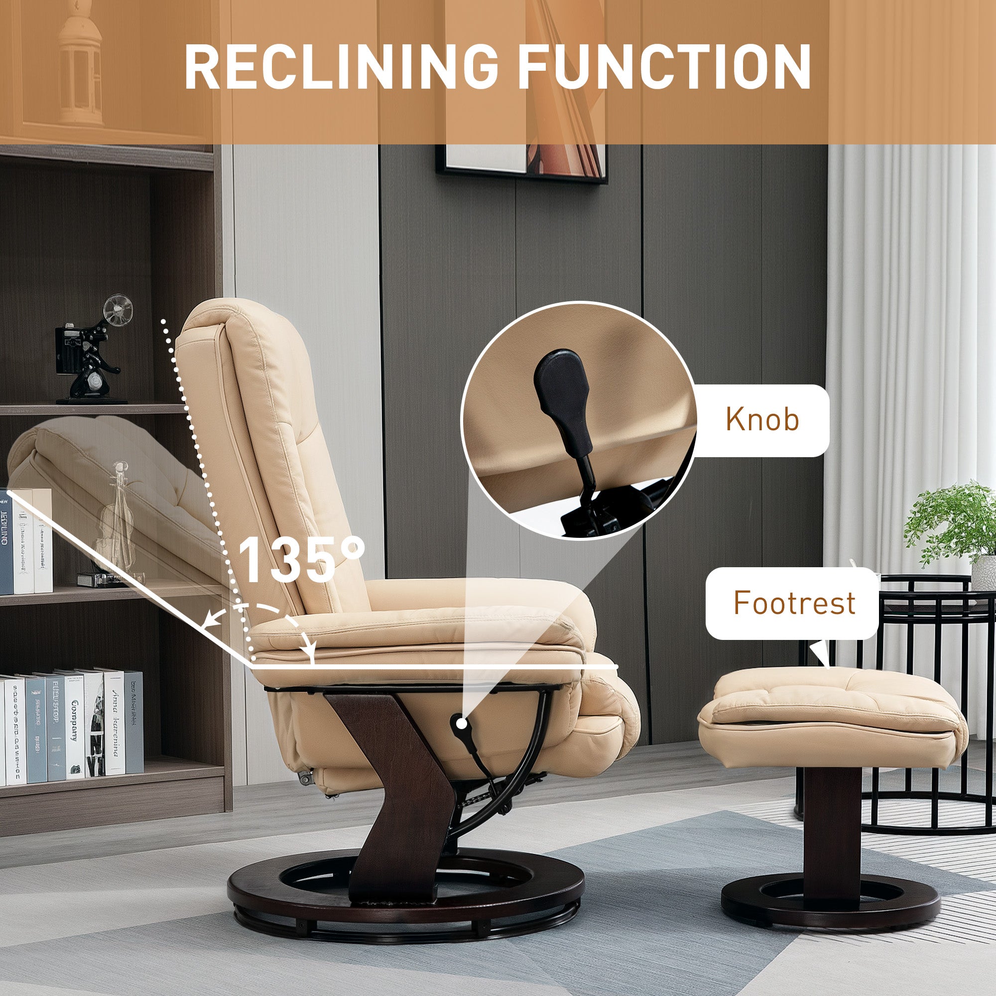 HOMCOM Faux Leather 135\'c2\'b0 Reclining Chair and Footstool - Beige