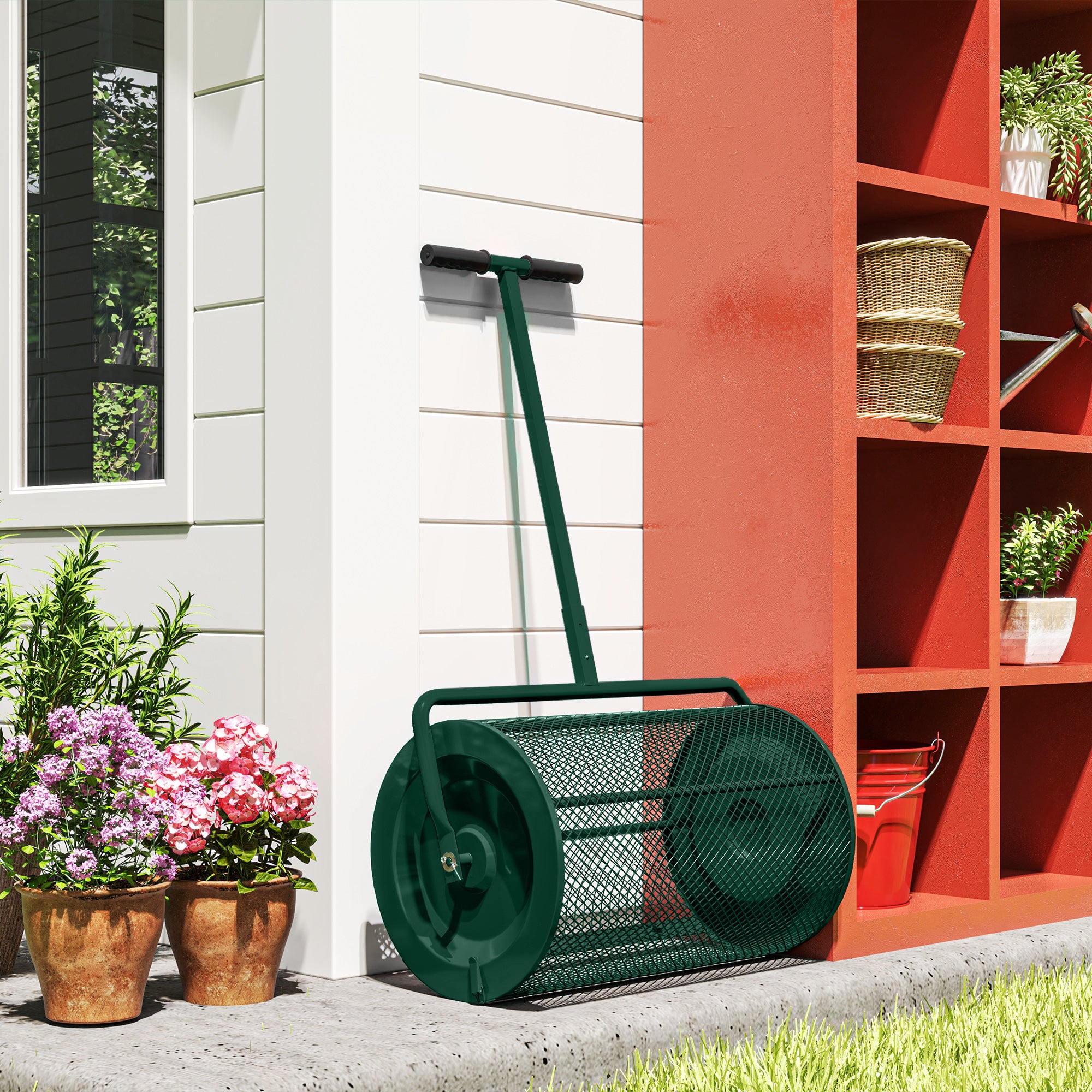 Outsunny Compost Spreader, 24" Peat Moss Spreader with Height Adjustable T Shaped Handle and Metal Mesh Basket, Garden Spreader for Seeding, Spreading Manure, Green 
