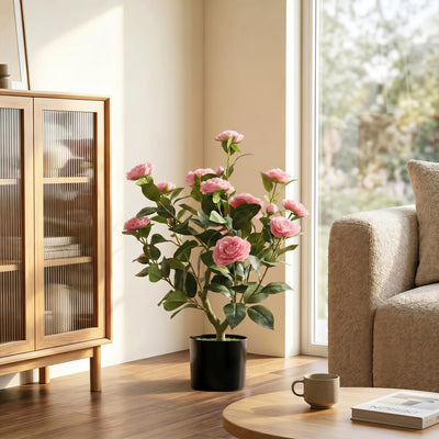 HOMCOM 65cm Artificial Camellia Flower Plant in Pot with 116 Lush Leaves & Moss Effect, Pink