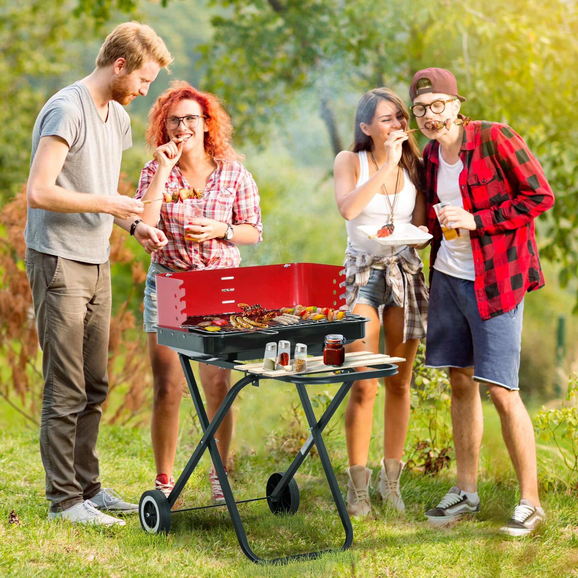 Outsunny Charcoal Trolley BBQ Barbecue Grill Patio Camping Picnic Garden Party Outdoor Cooking with Windshield, Wheels Side Trays, Black/Red 