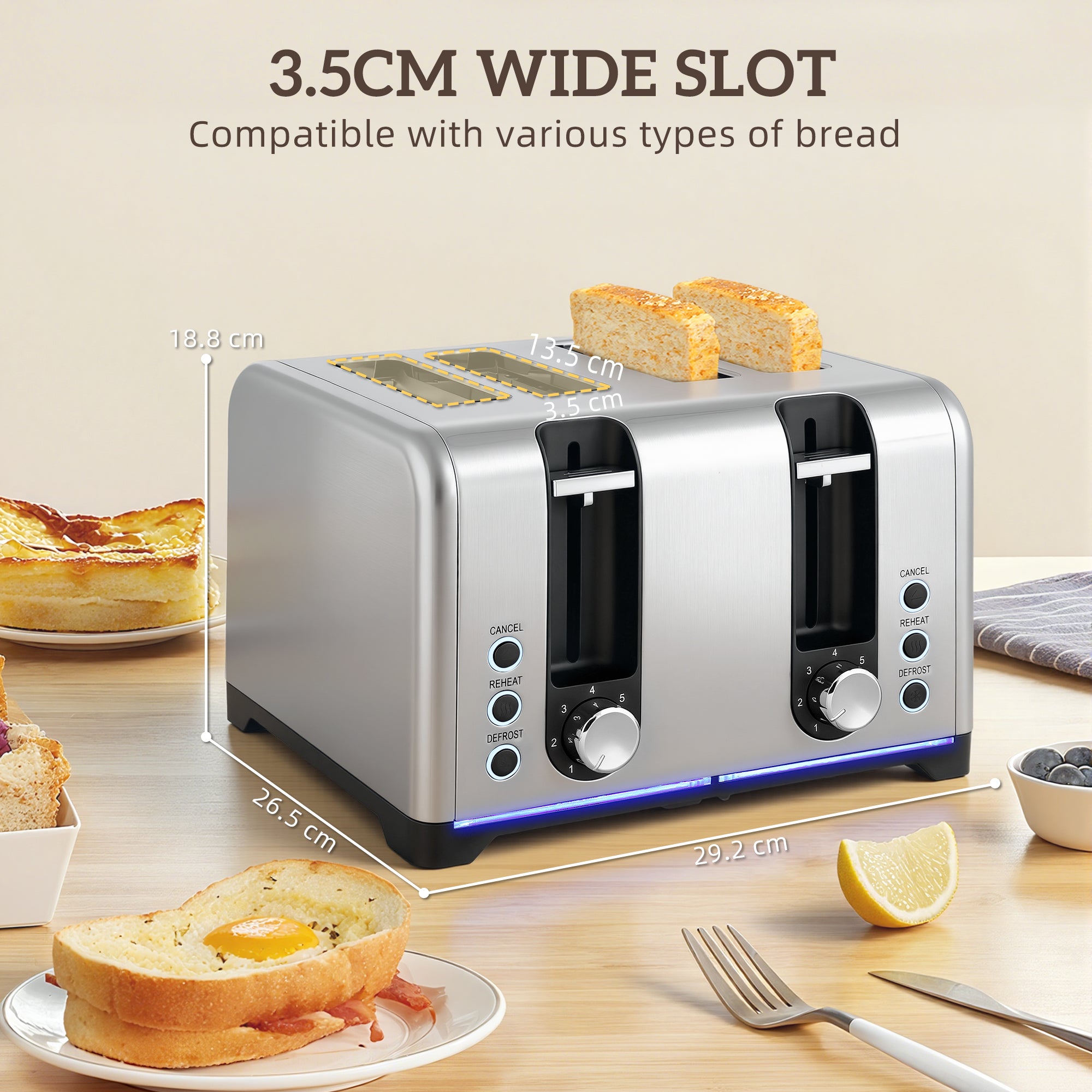 HOMCOM Kettle and Toaster Set, 1.7L 3000W Rapid Boil Jug Kettle with Otter Thermostat, Limescale Filter, 4 Slice Toaster with 7 Browning Controls, Crumb Tray, LED Strip, Silver Tone 