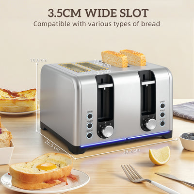 HOMCOM Kettle and Toaster Set, 1.7L 3000W Rapid Boil Jug Kettle with Otter Thermostat, Limescale Filter, 4 Slice Toaster with 7 Browning Controls, Crumb Tray, LED Strip, Silver Tone 