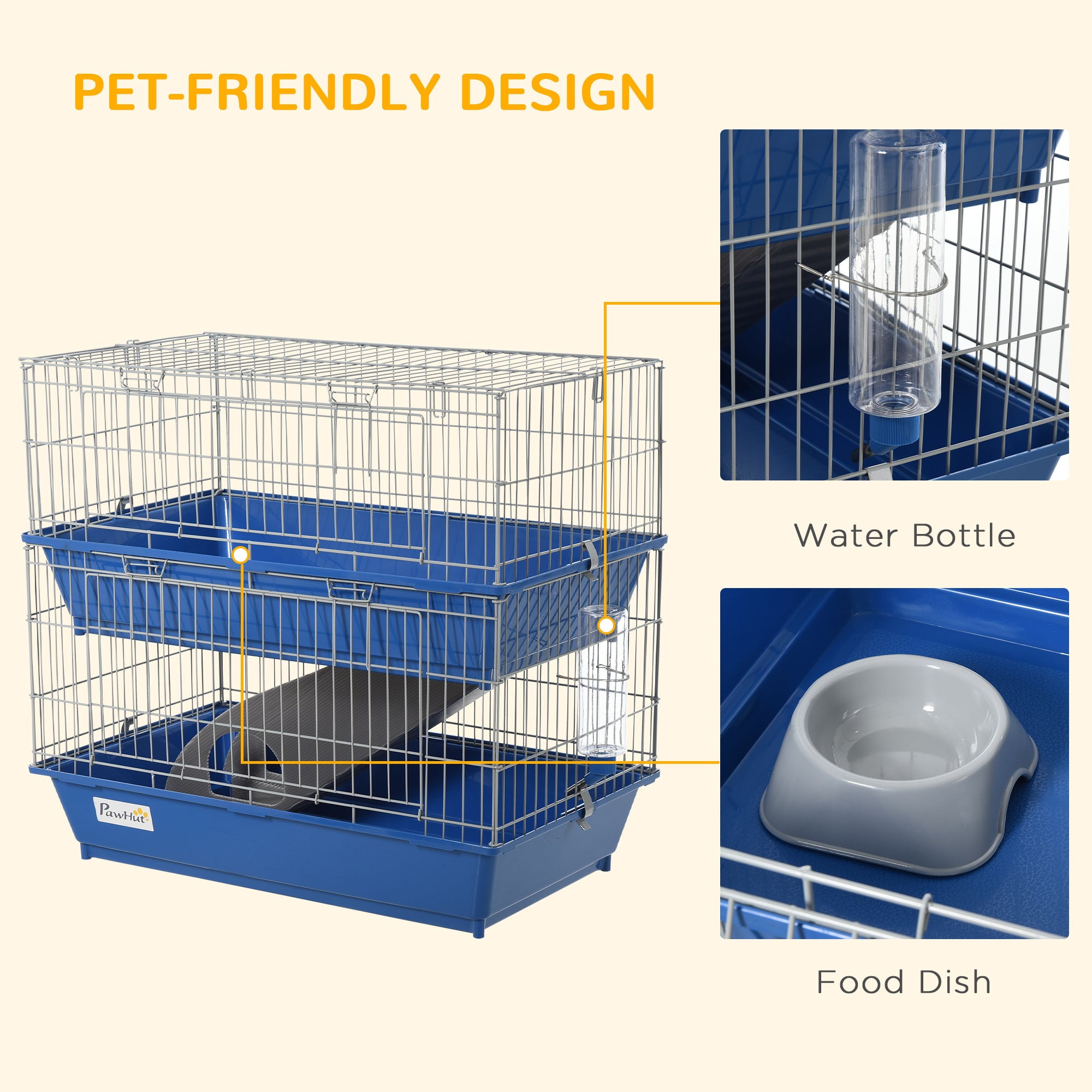 PawHut Double Tier Small Animal Cage Rabbit Chinchillas Cage w/ Ramp Food Dish Water Bottle Deep Trays Pet Home 72 x 44 x 67 cm 