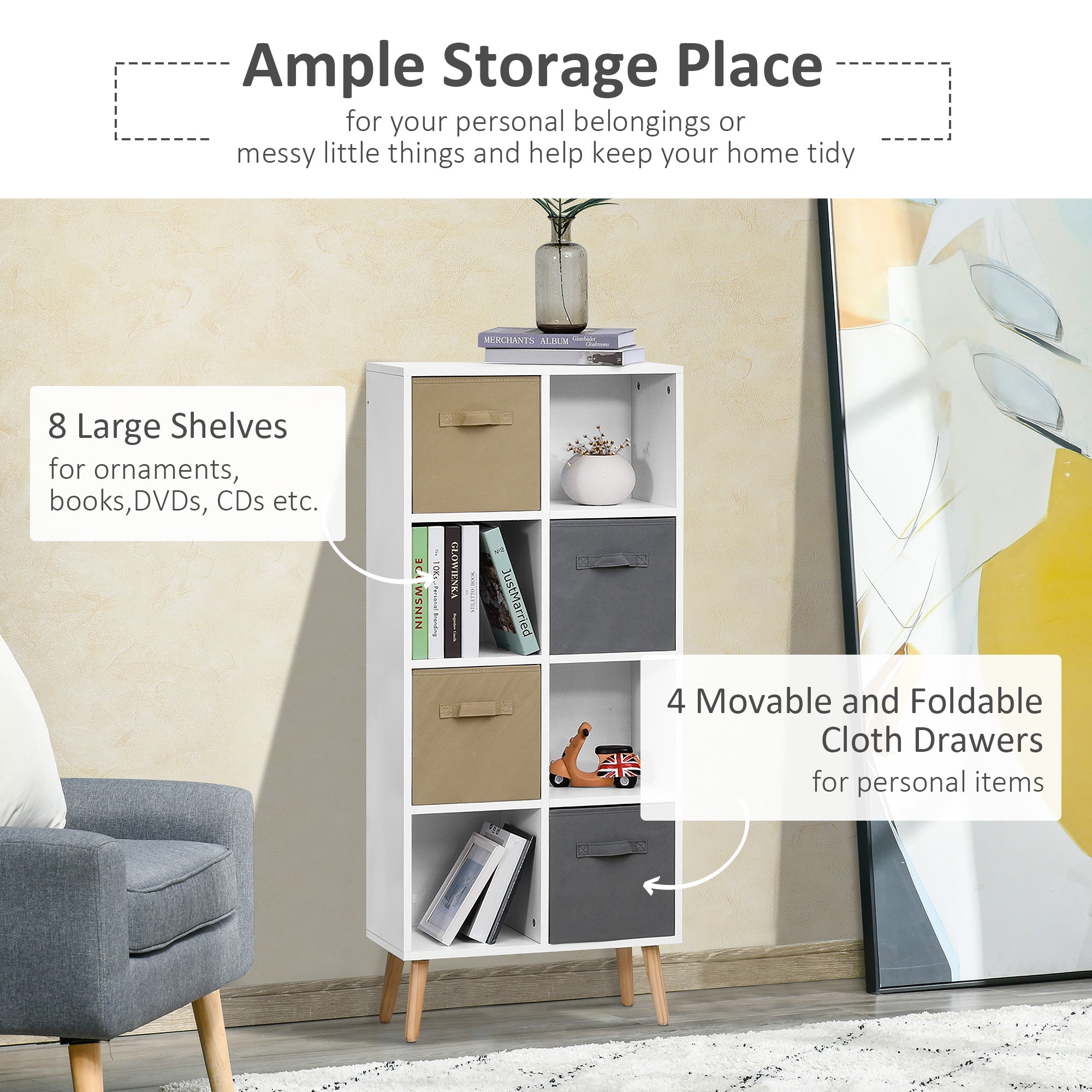 HOMCOM Freestanding 8 Cube Storage Cabinet Unit w/ 4 Fabric Drawers Handles Home Office Organisation Shelves Furniture 54.5L x 24W x 122.5H cm