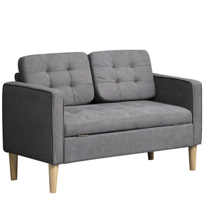 HOMCOM Modern 2 Seater Sofa with Hidden Storage, 117cm Tufted Cotton Couch with Wood Legs, Compact Loveseat for Living Room, Kitchen, Grey 