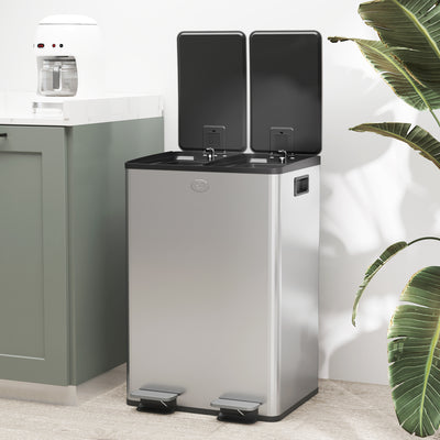 HOMCOM 56L Dual Compartment Stainless Steel Bin, with Deodoriser Holders - Silver Tone 