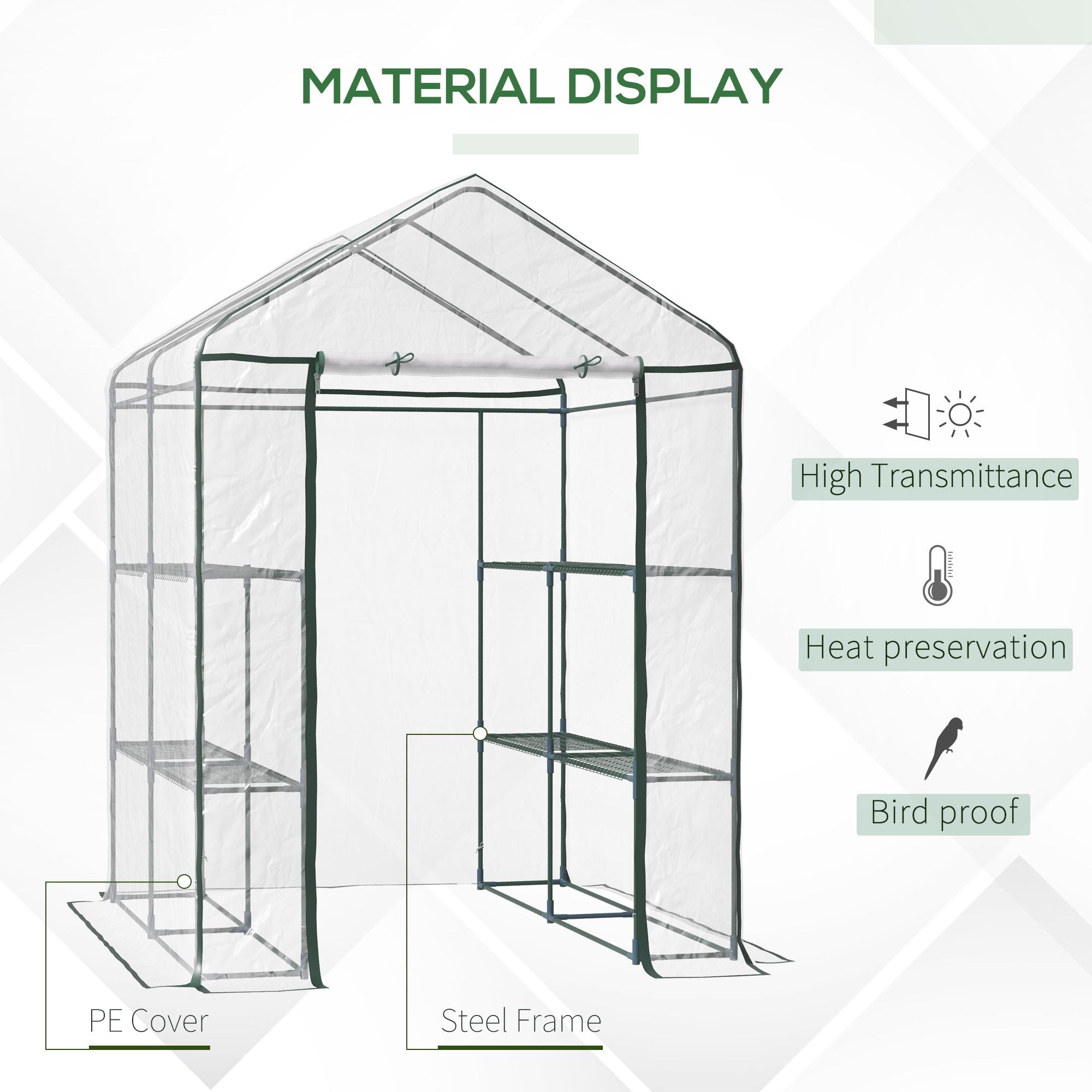 Outsunny Walk in Greenhouse with 3-Tier 8 Shelves, Green House with Hemmed Cover, Roll-up Zipped Door, Steel Frame, 143 x 143 x 195cm 