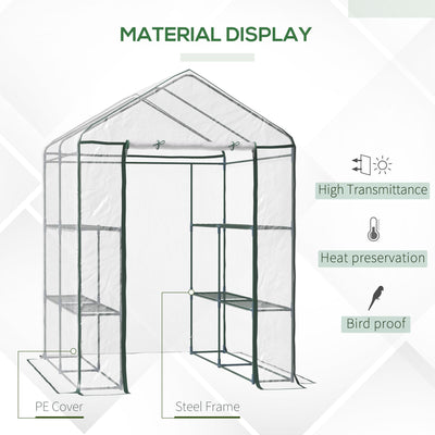 Outsunny Walk in Greenhouse with 3-Tier 8 Shelves, Green House with Hemmed Cover, Roll-up Zipped Door, Steel Frame, 143 x 143 x 195cm 