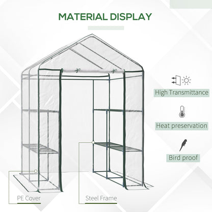 Outsunny Walk in Greenhouse with 3-Tier 8 Shelves, Green House with Hemmed Cover, Roll-up Zipped Door, Steel Frame, 143 x 143 x 195cm 