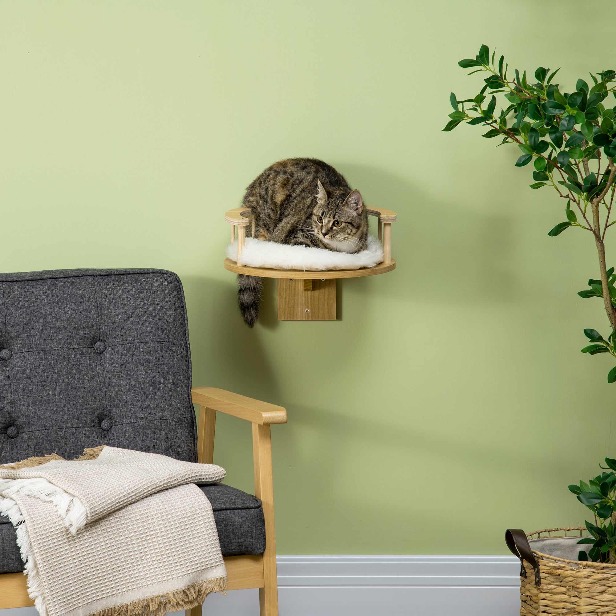 PawHut Wall-Mounted Cat Shelf with Cushion, Guardrails, 34 x 34 x 10.5cm 