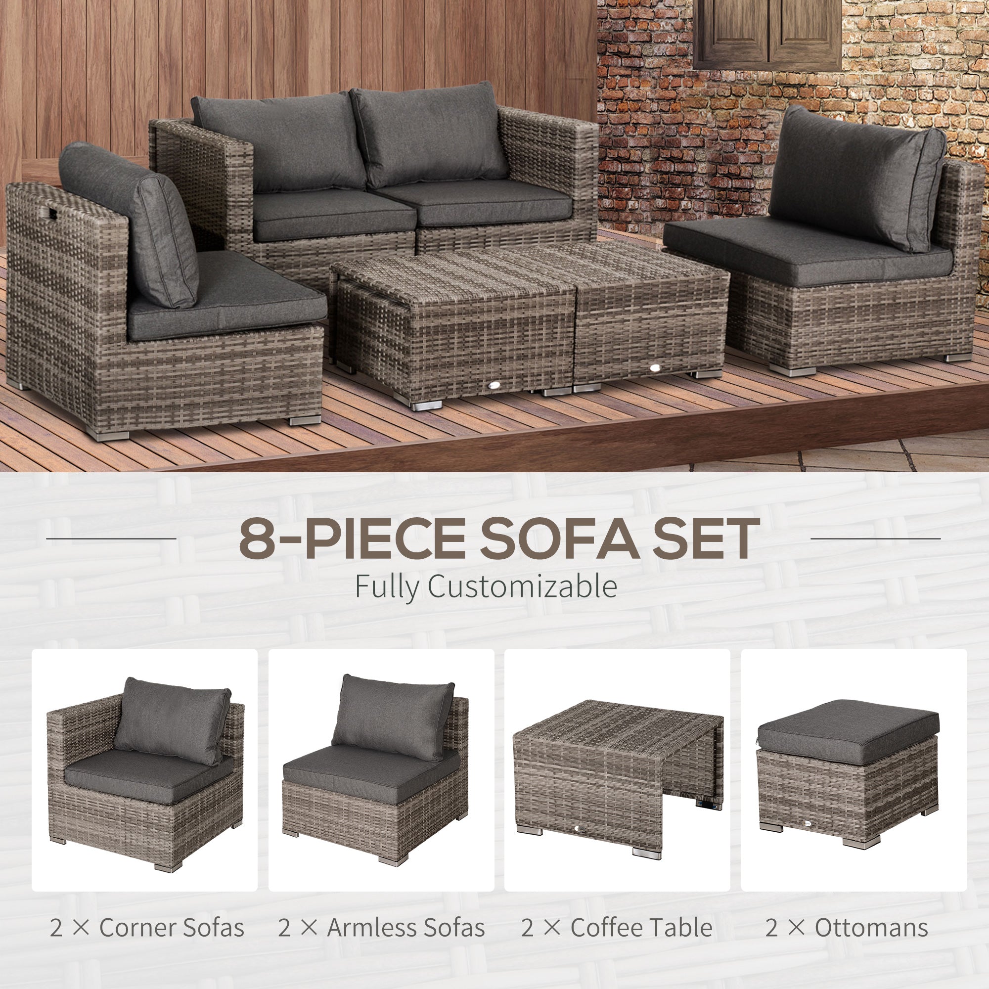 Outsunny 8 Pieces Rattan Garden Furniture Set, Garden Corner Sofa Set with 4 Chairs, 2 Footstools, 2 Coffee Tables and Cushions, Space-Saving Design, No Assembly Required, Grey 