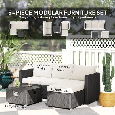 Outsunny Five Piece Rattan Garden Furniture Set with Gas Fire Pit Table and Footstool - Black and Cream White 